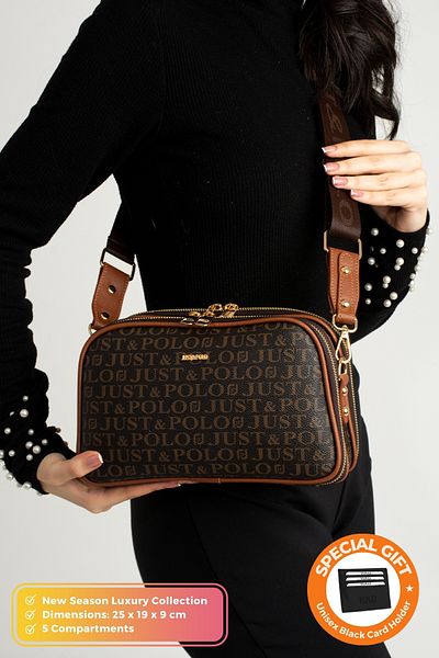 Just Polo Original Women's New Season 5 Compartment Luxury Soft Leather Adjustable Cross Column Strap Shoulder Bag