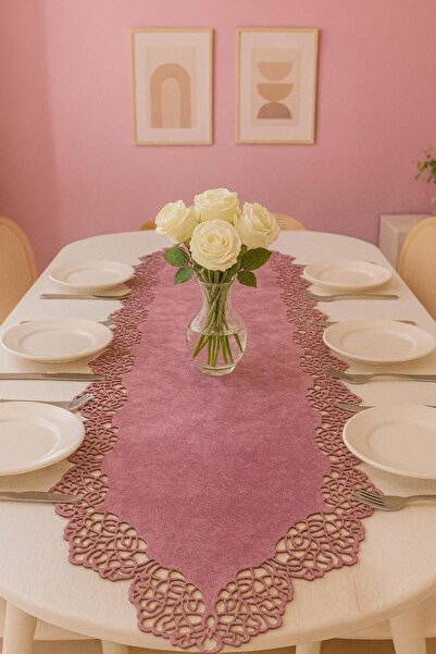Ergüven Home Pembe Süet Kumaş Runner 40x140 Cm Masa Boyu - Modern Tasarım