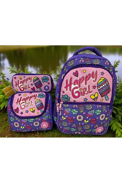 Adel Junior Backpack Happy Girl School Bag Lunchbox and Pen Holder Set of 3