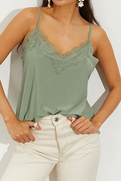 Balenbi 1070 Green Lace Detailed Strappy Satin Women's Blouse