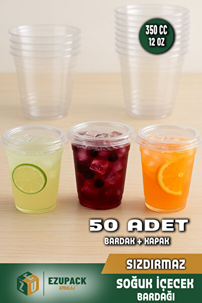 Ezupack 50Lİ 350 cc Kapaklı SERT Plastik Bardak Pet Bardak Limonata Soğuk İçe...