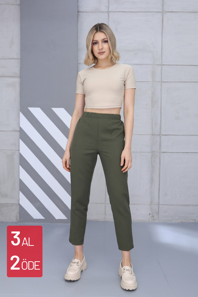 adba style 4001 Khaki Carrot Elastic High Waist Woven Women's Trousers