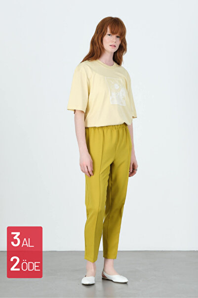 Mogi Butik 3001 Oliv Havuç Paça Yüksek Bel Dokuma Kadın Pantolon