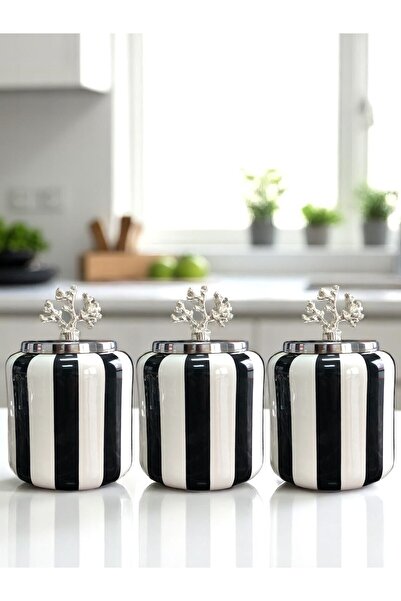 ferayhome Baharatlık  Büyük Set  3 lü Siyah Dik Çizgi Gümüş - 1.4 Litre Hacim