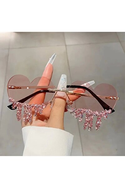Store Taşlı Pembe Kalpli Parti Gözlüğü