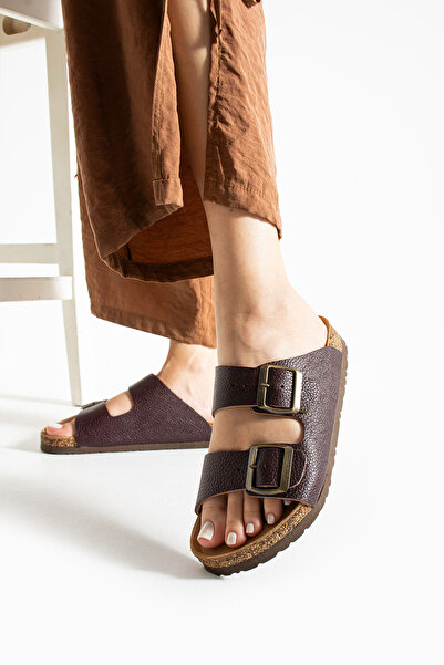 Mycorni Unisex Hakiki Deri Ortopedik Mantar Taban Anatomik Çift Tokalı Terlik