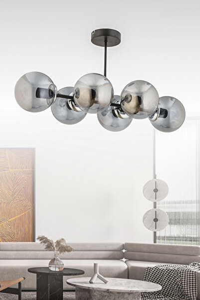 avimonaydınlatma Hira 6'lı Siyah Füme Glob Camlı Modern Plafonyer Salon Yemek Masası Üstü Avize