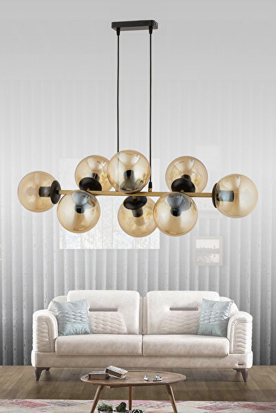 avimonaydınlatma Cross 8'li Eskitme Bal Rengi Glob Camlı Modern Sarkıt Avize Oturma Odası Salon