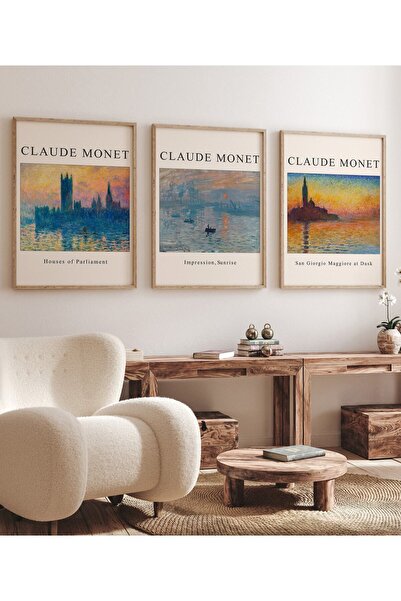 postick Art Estetik Duvar Dekor Tasarım Modern Ev Ofis Salon Claude Monet 3'lü Çerçevesiz Poster Seti