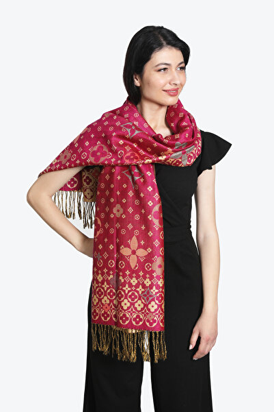 Mystic Bordo Ve Gold Renkli Desenli Paşmina Şal
