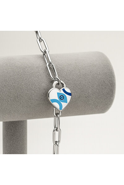 GLOW LUXE Kadın Gümüş Nazar Boncuk Detaylı Kalpli Bileklik