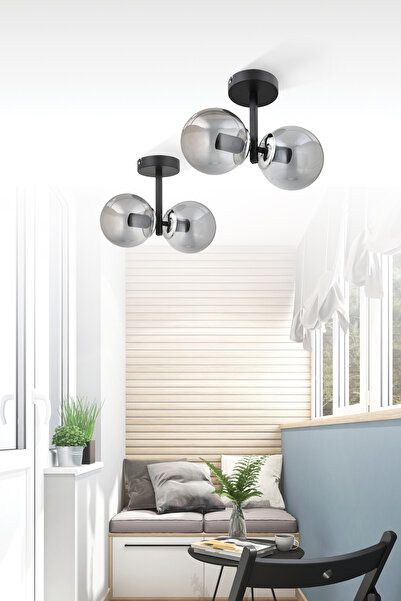 avimonaydınlatma ÇAKRA 2'Lİ FÜME GLOB CAMLI MODERN SİYAH PLAFONYER AVİZE