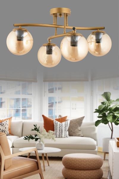 avimonaydınlatma ROMERO 4'LÜ BAL RENGİ GLOB CAMLI ESKİTME PLAFONYER AVİZE Sal...