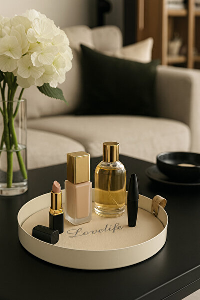 Fiyakalı Ürünler Atölyesi Cream Color Metal Presentation Tray, Makeup Organizer, Jewelry, Bathroom Objects Collection Tray, Leather Based