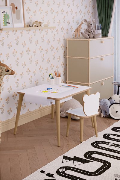 OBİ Atölye Oyun Aktivite Masası Tek Sandalyeli Yaz Sil Yüzey Tek Çekmeceli - Panda Sandalye