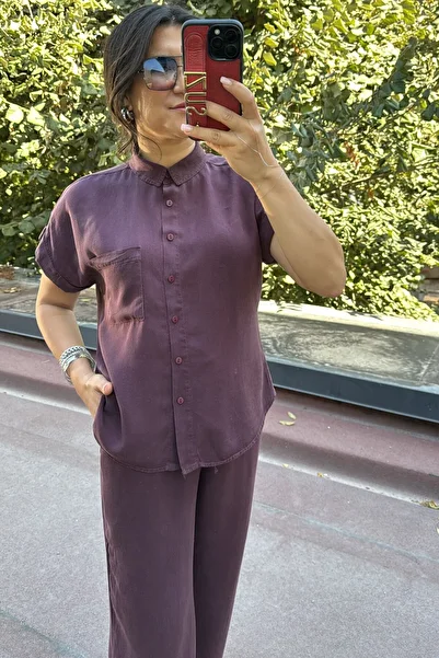 Suziş Plum Color 100% Cotton Short Sleeve Shirt Pants Suit 1004