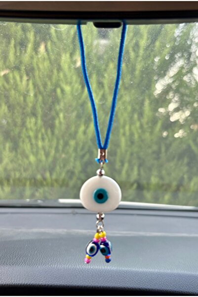 Azrua Ornament alb rotund din sticlă cu mărgele ochi rău pentru oglindă auto Amuleta pentru mașină Protecție împotriva ochiului rău