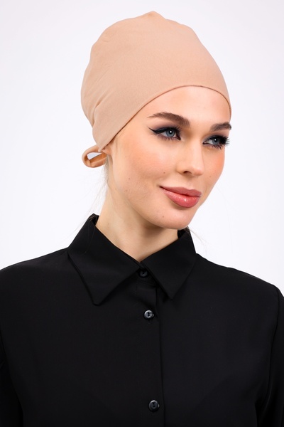 Loggia Düz Dikişsiz Penye Bone Ten Rengi - Kadın Tesettür Bağlamalı İç Bone