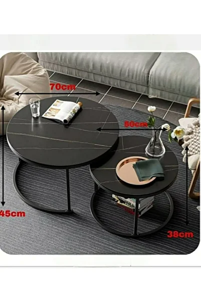 MOONLİGHT 2 Side Tables with Iron Legs and Black Wooden Surface