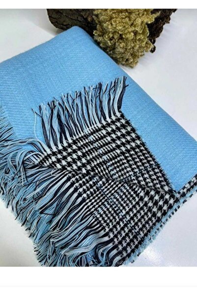 Betülce “Şal de lână în carouri de iarnă pentru femei - Şal cu umăr dublu faţă-verso / Şal pătură supradimensionat 70x190cm”-ALBASTRU