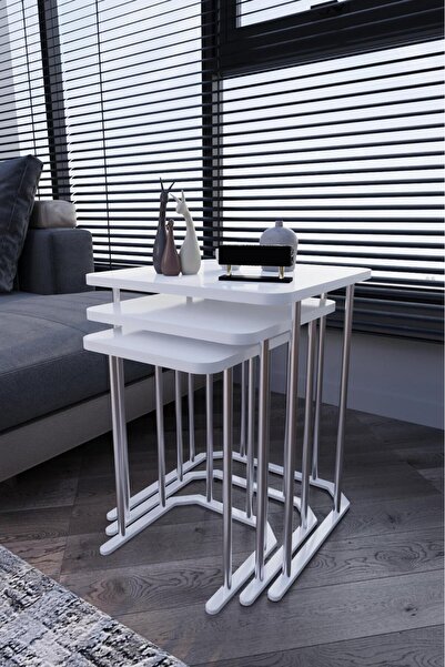 Can Vista Home Kare Zigon 3'lü Lüks Beyaz Sehpa Takımı