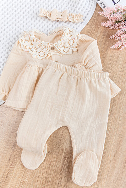 Babymod 3-Piece Muslin Baby Girl Hospital Discharge Set - Guipure Collar and Front Button