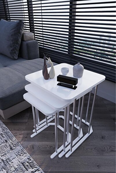 Can Vista Home Kare Zigon 3'lü Lüks Beyaz Sehpa Takımı