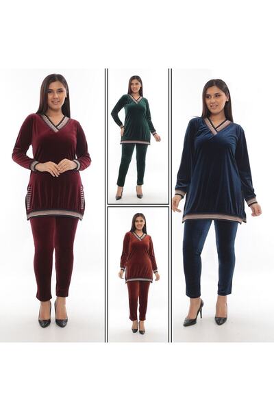 Mer's Women's Burgundy Stone Detailed Velvet Tracksuit Set