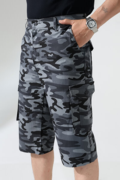sports here Kapri Kargo Cepli Keten Kamuflaj Desenli Mevsimlik Pantolon