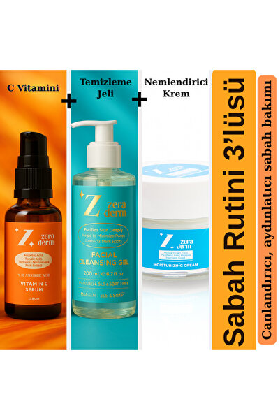 Lurji 3’lü Sabah Cilt Bakım Seti | Yüz Temizleme Jeli + C Vitamini Serumu + Nemlendirici Krem
