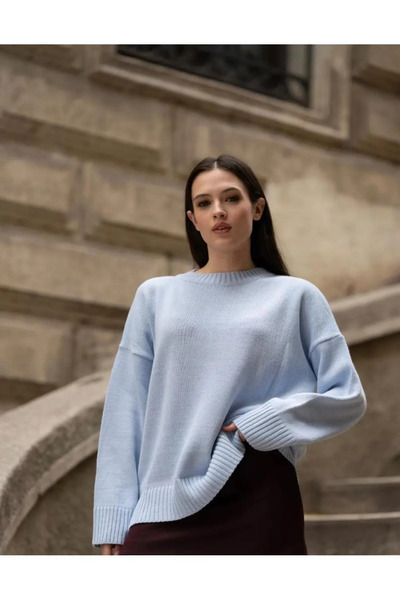 K-ODEA BUTİK Kadın Mavi  Oversize Triko Kazak - Yumuşak Dokulu Bisiklet Yaka MEVSİMLİK