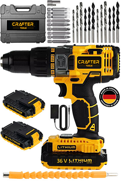 CRAFTERTOOLS 36V 5Ah Metal Şanzıman Çift Akülü Darbeli Şarjlı Matkap 24 Parça Akülü Vidalama Akülü Matkap Seti