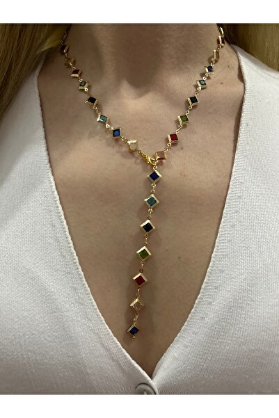 ZERNA BİJUTERİ Renkli Taşlı Kare Model Gold Y Kolye 60 Cm