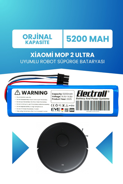 ELECTROLL Xiaomi Mop 2 Ultra Uyumlu Batarya (STANDART KAPASİTE) 5200mah Robot...