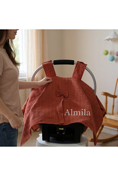 runbaby ( İsim Nakışlı )Tek Kat Müslin Kumaş Çıt Çıtlı Puset Örtüsü  75x100cm...