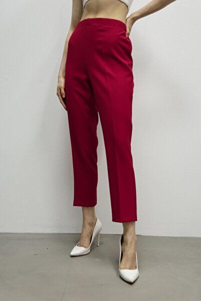 Balenbi High Waist 1005 Model Lycra Claret Red Women's Trousers - Carrot Leg