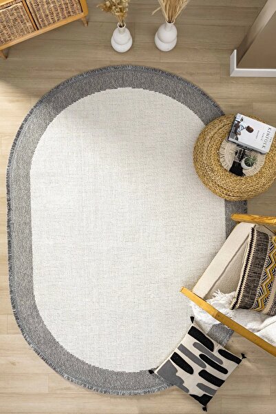 Eliz Home Oval Gri Halı Bordür Modern Oturma Odası Salon Mutfak Koridor Antre...