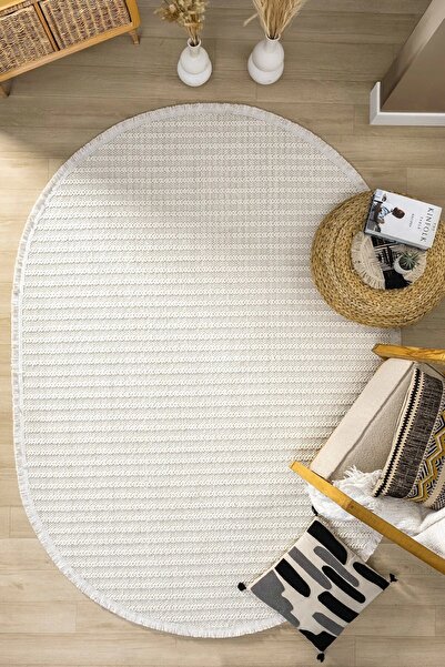 Eliz Home Oval Beyaz Halı Modern Oturma Odası Salon Mutfak Koridor Antre Balk...