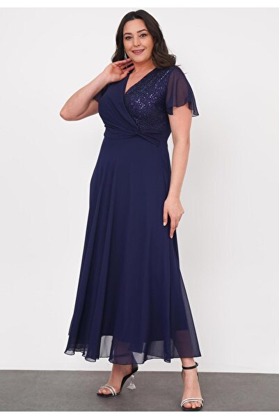 FOR ESRA BIG TREND Chiffon Maxi Evening Dress with Double Breasted Neckline and Sequin Detail - Lining and Side Zip