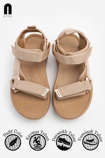 Nstil Women's Beige Velcro Sandals N-Step Güngören Thick Sole Beach Yeşilkent Sticks Trekking 411