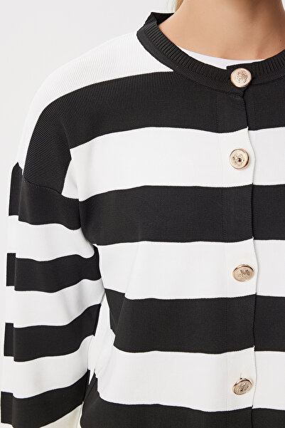 Lovelyİstanbul Šik Děrovaný Pruhovaný Pletený Kardigan LUB0199 ČERNÁ BÍLÁ