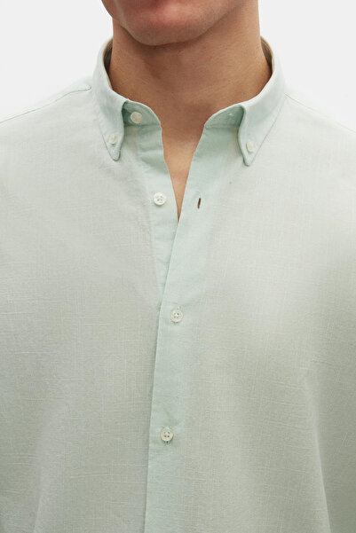 D'S Damat Ds Damat Comfort Water Green Buttoned Collar Relaxed Cut Linen Look 100% Cotton Shirt