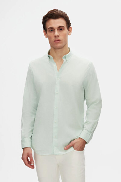 D'S Damat Ds Damat Comfort Water Green Buttoned Collar Relaxed Cut Linen Look 100% Cotton Shirt