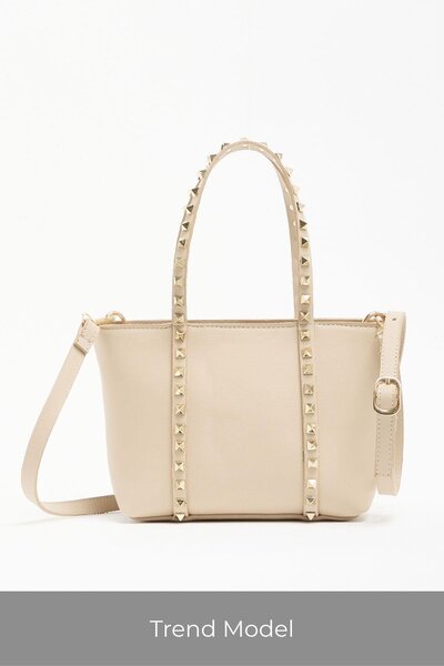 Madamra Cream Women's Small Size Staple Detailed Pu Leather Buckle Hand and Shoulder Bag