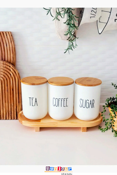 Bonjour Gift & Hobby Ahşap Ayaklı Yükseltici ve 3'lü Tea-Coffee-Sugar Cam Kav...