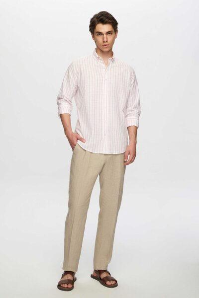 D'S Damat Ds Damat Slim Fit rózsaszín csíkos gombos gallér 100% pamut nyári vászon megjelenésű ing