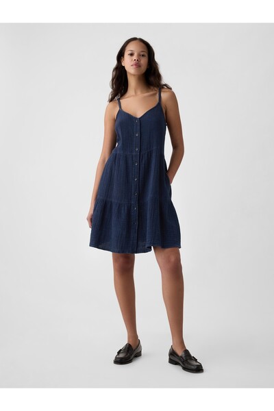 GAP Kadın Lacivert Crinkle Gauze Katlı Mini Elbise