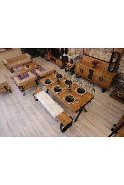 NT Concept Ntconcept Masif Ağaç Mutfak Yemek Masası Takımı 85cm-210cm Masa 210cm Bank 4 Sandalye