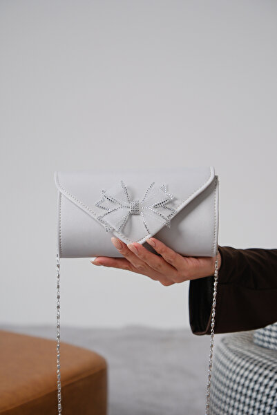 Moda Değirmeni Silver Satin Women's Tulle Bow Bag Set Heeled Shoes Md1112-121-0008