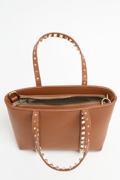 Madamra Tan Women's Staple Detailed Pu Leather Buckle Hand and Shoulder Bag